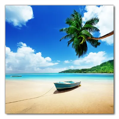 Produktbild von Wallario selbstklebende Möbelfolie/ Tischdecke für Innen und Außen, Größe: 80 x 80 cm - Urlaub am Palmenstrand unter Palmen mit Fischerboot