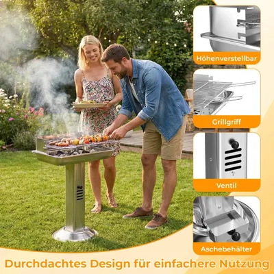Image de Barbecue au charbon en acier inoxydable résistant aux intempéries - Barbecue sur pied - Grille chromée réglable en hauteur - Bac à cendres - Ventilation - Allumage piézoélectrique - Sécurité en cas de manque d'oxygène - Noir
