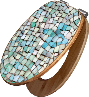 A toilet seat with a mosaic design on the lid and a bamboo base.