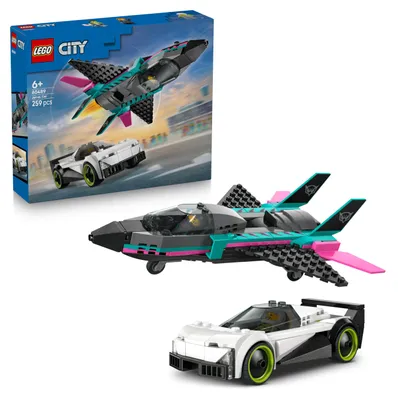 Produktbild von LEGO City Düsenflieger vs. Rennauto - Spielzeug Set mit Flugzeug, Supersportwagen und Pilot und Fahrer Minifigur - Geburtstagsgeschenk für Jungen ab 6 Jahren - 60489