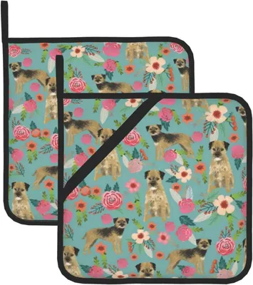 Image de Maniques, maniques isolantes, épaisses, résistantes à la chaleur, pour le barbecue, la cuisine et la pâtisserie, lot de 2.
Race de chien : Border Terrier, motif floral