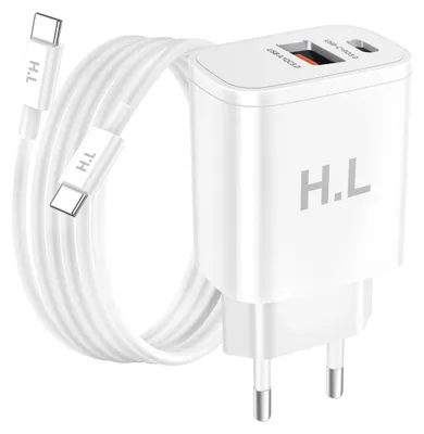 Produktbild von Avizar, Netzteil Doppelport USB-A und USB-C 20W mit USB-C auf USB-C Kabel, Weiß