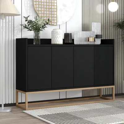 Zdjęcie produktu dla Komoda z czterema drzwiczkami, wymiary 120x30x80 cm, kolor czarny, metalowe nogi