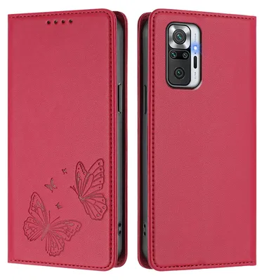 Produktbild von Lederhülle für Xiaomi Redmi Note 10 Pro/Note 10 Pro Max, Schmetterling Prägung Leder Brieftasche Schutzhülle mit Ständer Rot