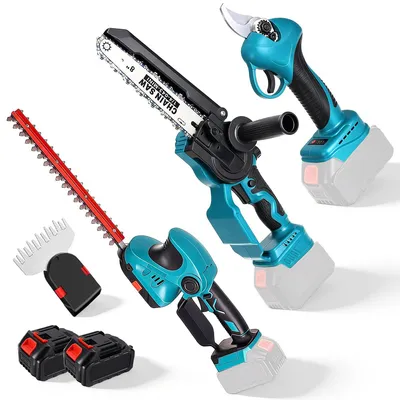 Produktbild von Drillpro Akku Gartenwerkzeug Set 3in1 mit 8 Zoll Kettensäge Heckenschere Astschere Bürstenloser Motor 2 Akkus EU Ladegerät