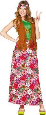 A woman wearing a hippie costume.