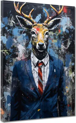 Produktbild von Hirsch im Anzug Pop Art Leinwandbild Wandbild Kunstdruck XL Deko: 90x120x2cm