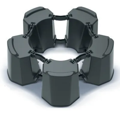 A modular stand for a rain barrel, composed of several interconnected plastic segments arranged in a circular shape.