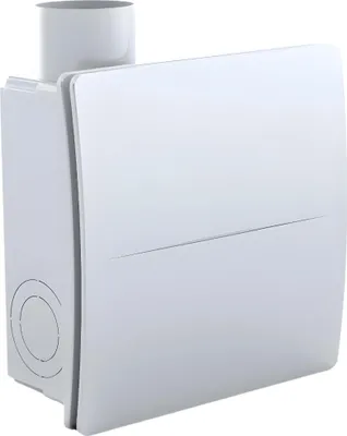 A white ventilation unit with a circular duct connector on a white background.