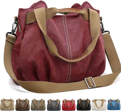 Produktbild von Handtasche Damen Canvas Schultertasche Multifunktionale Umhängetaschen Casual Hobo Groß Taschen für Arbeit Schule Beach Shopper Dunkelrot
