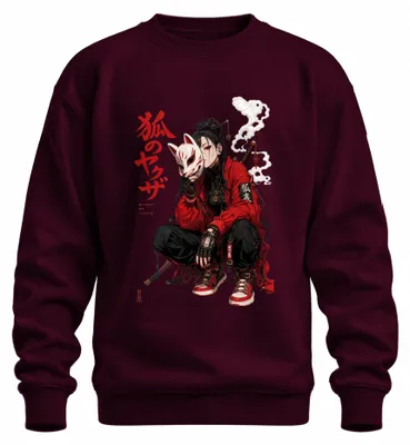 Imagen del producto de Sudadera con cuello redondo estilo manga, diseño de chica anime "Kitsune no Yakuza" con katana, estilo Y2K, color burdeos, talla XL