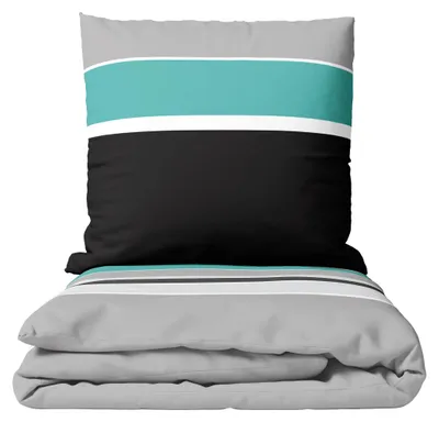 Produktbild von Baumwolle Bettwäsche Set 155x220 cm 80x80 cm Grau Petrol Gestreift mit Reißverschluss 4 teilig
