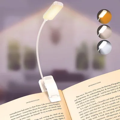 Produktbild von LED Buchlampe mit Klemme – USB Aufladbar, 3 Lichtfarben, Flexibel, Nachttischlampe-Weiß