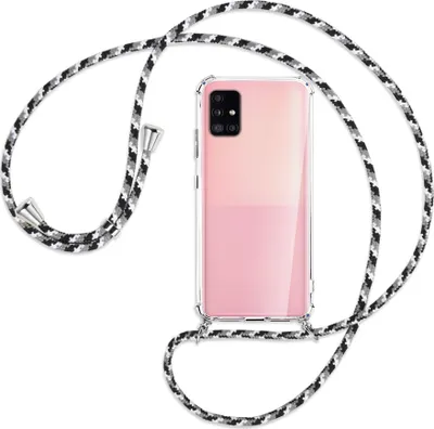 Produktbild von Handykette Backcover-Schutzhülle mit Band (Metall silberfarben) für Samsung Galaxy A51 5G (A516) - schwarz/grau/weiß
