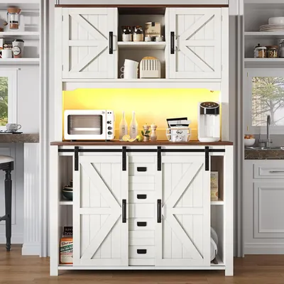 Image de Armoire de cuisine, buffet avec portes coulissantes et éclairage LED, dimensions 115 x 40 x 174,7 cm, couleur blanche