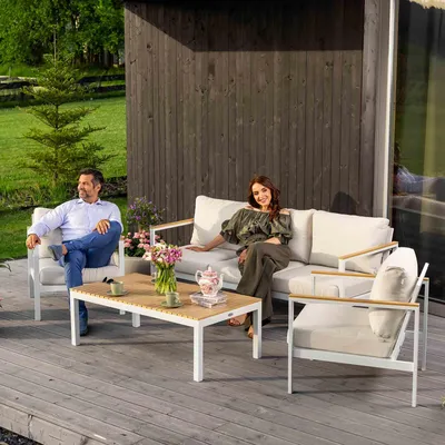 Produktbild von di volio Gartenmöbel Set TIVOLI creme, Terrassenmöbel aus wasserfestem Materialien, Gartenmöbel für 5 Personen - Couchtisch & 3-Sitzer Sofa & 2 Sessel