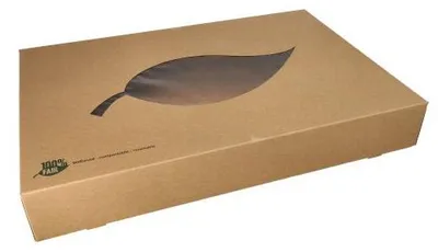 Produktbild von Transport- und Catering-Kartons, Pappe "pure" 8 cm x 55,7 cm x 37,6 cm braun "100% Fair" mit Sichtfenster aus PLA