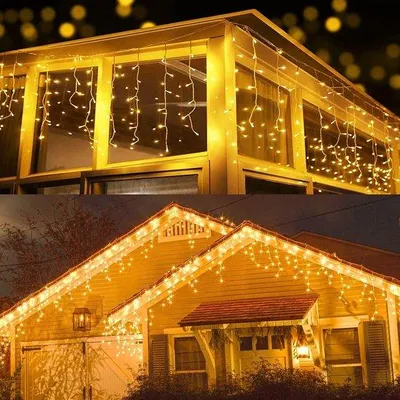 Zdjęcie produktu dla Oświetlenie świąteczne „Kryształ lodu” 20 m, 600 diod LED – ciepła biel, oświetlenie zewnętrzne z motywem kryształków lodu i 8 trybami pracy, do ogrodu, okien, uroczystości i wesel – wodoodporne, zasilane prądem