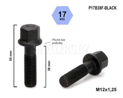 Obrázek produktu pro Kolový šroub M12x1,25x38 rovná dosedací plocha, klíč 17, P17B38F-BLACK, výška 55 mm, černý