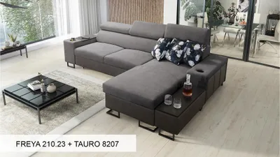 Produktbild von Ecksofa L-Form Sofa mit Ottomane MELODIE I MINI im modernen Stil mit Schlaffunktion GRAU FREYA 210.23 + TAURO 8207