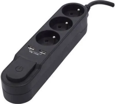 Obrázok produktu pre CHACON Rozbočovač so spínačom, 3 zásuvky 16 A a 2 výstupy USB 2A, kábel 1,5 m
