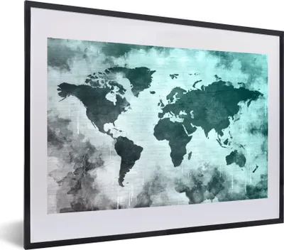 Produktbild von MuchoWow® MuchoWow® Gerahmtes Poster Weltkarte - Grau - Blau 60x40 cm - Poster mit zchwarzem Bilderrahmen - Schlafzimmer - Plakat in Rahmen - Drucken