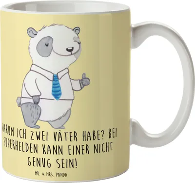 Produktbild von Mr. & Mrs. Panda Becher Superhelden Stiefvater - Gelb Pastell - Geschenk, Patchwork-Familie, Liebvoll, Kaffeetasse, Freude, Kaffeebecher, haferl, Familie, Stiefkinder
