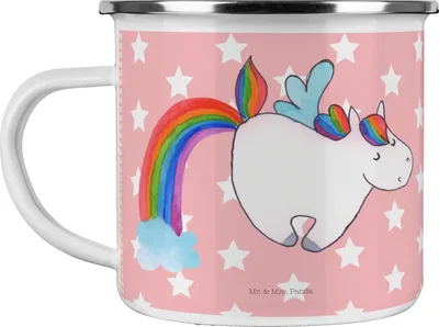 Produktbild von Mr. & Mrs. Panda Teetasse Einhorn Fliegendes Pferd - Rot Pastell - Geschenk, Regenbogen, Spielen, Teebecher, Emaille Becher, Unicorn, Tasse, Outdoor, Realität, Pott