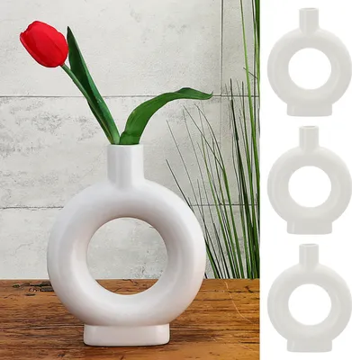 Produktbild von Vase Ringform 3er Set 16x20x4cm weiß Keramik Donutform Blumen Gräser Pflanzen Dekovase Blumenvase