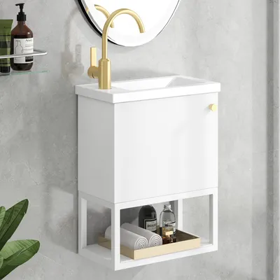 Produktbild von Badmöbel Waschbecken mit Unterschrank 40 cm , Einsatz-Waschbecken ,Waschtischunterschrank Hängend weiß,Kleines Gäste WC Möbel