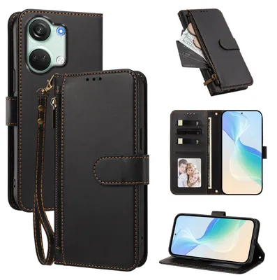 Obrázek produktu pro Peněženkové pouzdro pro OnePlus Nord 3,Polyuretankožené pouzdro s přihrádkami na karty, stojánkem a poutkem na ruku Černá