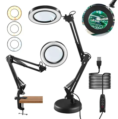 Produktbild von Lupenlampe mit Licht - LED Tischlampe mit Lupe - 10x Vergrößerung - Standfuß und Klemme - 3 Farbmodi - schwarz