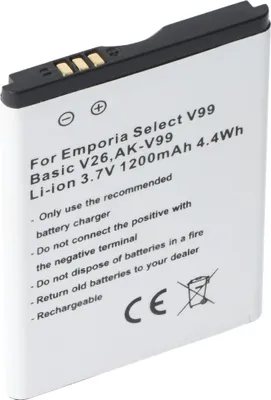 Produktbild von Akku passend für Emporia Select V99, Basic V26, AK-V99, Li-ion, 3,7V, 1200mAh, 4,4Wh
