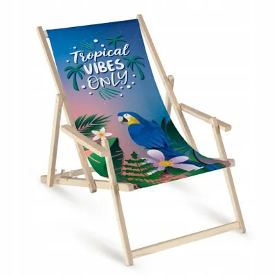 Produktbild von Klappbare Oxford Strandliege Fullprint „Tropical Vibes Only“ – Tragbare Gartenliege mit Armlehnen, leichte Campingliege