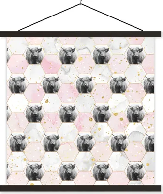Produktbild von MuchoWow® Textilposter Scottish Hochlandrind - Marmor - Schwarz - Weiß 60x60 cm mit schwarzem Rahmen - Posteraufhänger