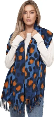 Produktbild von Glamexx24 Damen XXL Schal Kuscheliger warmer Leoparden Muster 3 farbiger Fransen Poncho Schal Oversized Deckenschal Blau-Hellblau-Orange