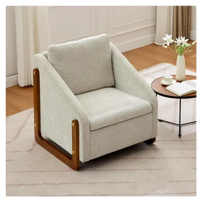 Produktbild von Loungesessel für das Wohnzimmer, Sessel mit Holzarmlehnen, Chenillestoff Lesesessel mit Rückenkissen, Beige