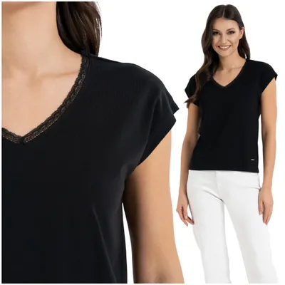 Productafbeelding van Moraj - Dameshemd, maat L - Zwart T-shirt - Blouse voor dames - Korte mouwen, V-hals