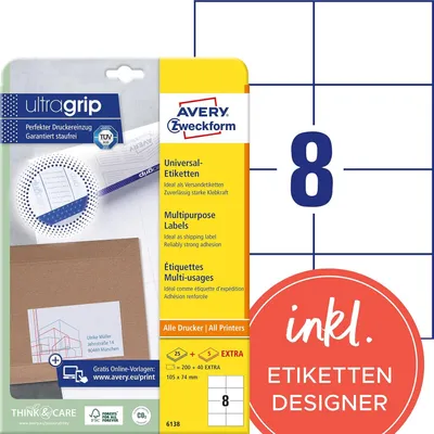 Image de Avery Zweckform 6138 Étiquettes universelles, A4 avec ultragrip, 105 x 74 mm, 240 étiquettes/30 feuilles, blanc