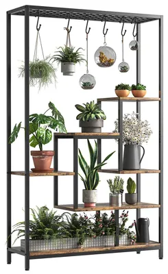 Image de Support pour plantes d'intérieur - Étagère à fleurs à 5 niveaux - Hauteur : 180 cm - Structure en métal avec étagères en bois - Pour plusieurs pots de fleurs et plantes suspendues - Couleur : marron