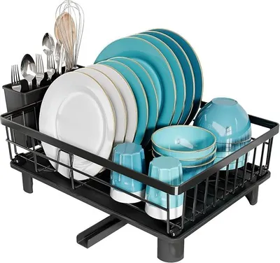 Produktbild von PolkaHome® Abtropfgestell für Spüle mit drehbarem Auslauf, Schwarz – Platzsparendes Geschirrtrockner-Rack mit Besteckkorb und