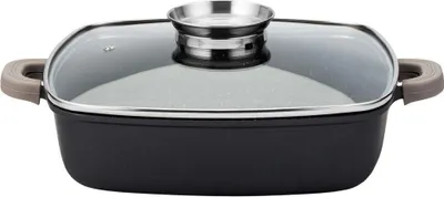 A square casserole dish with a glass lid and handles.