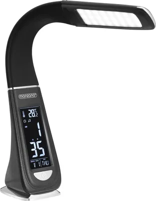 A black desk lamp with a digital display on its base.