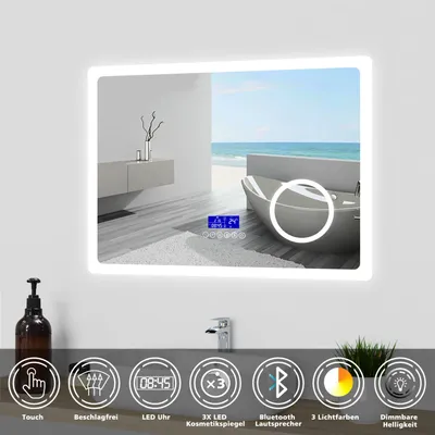 Produktbild von LED Badspiegel mit Uhr Bluetooth 3-Fache Vergrößerung Beschlagfrei 80x60cm Badezimmer Spiegel CE IP44 mit Speicherfunktion Warm/Neutral/Kaltweiß Dimmbar