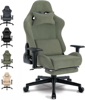 A collage of gaming chairs in different colors, with a large image of a green gaming chair in the foreground.