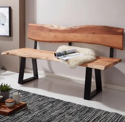 Image de FineBuy Banc de salle à manger TREE 180x85,5x60 cm Banc en bois massif d'acacia Banc avec bordure en bois Banc en bois avec dossier Banc de cuisine Banc de salle à manger Bois Style maison de campagne