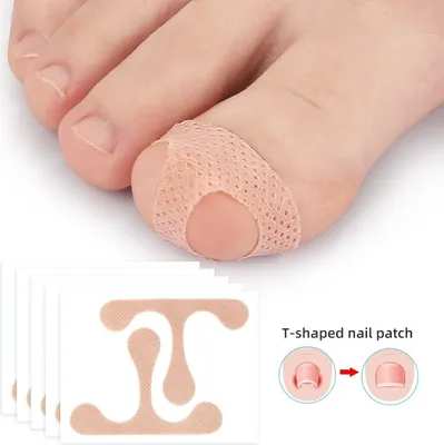 A close-up view of a person's toes wearing a beige mesh toe protector, with a stack of beige T-shaped nail patches and a diagram of how to use them below.