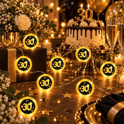 Lichtschnur 30. Geburtstag, 2 m, 20 warmweiße LEDs, schwarz-gold
