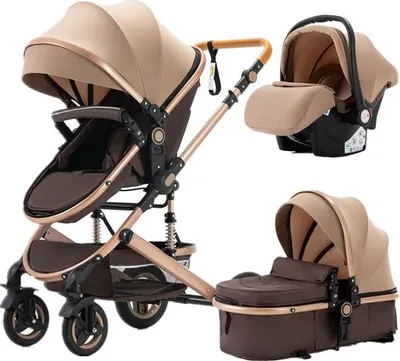 Produktbild von Luxus 3-in-1 Kinderwagen - Kinderwagen - Autositz - Buggy - Zusammenklappbar - Khaki/Braun - 0-36 Monate