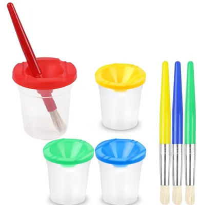 Farbbecher-Set, 4 Stück, auslaufsicher, mit Deckel und 4 Pinseln